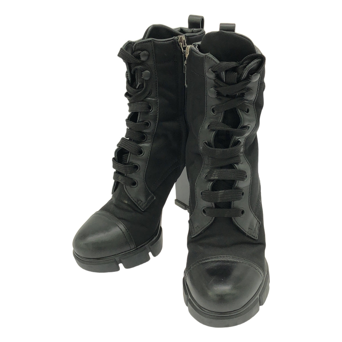 PRADA / 프라다 | Leather and Nylon Ankle Boots / 플레이트 나일론 전환 가죽 힐 부츠 | 36 | 블랙 | 여성
