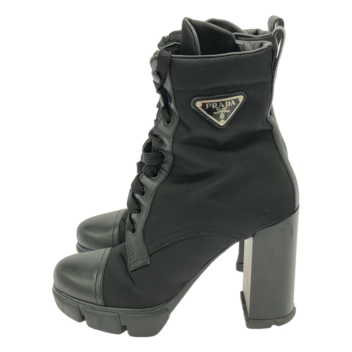 PRADA / 프라다 | Leather and Nylon Ankle Boots / 플레이트 나일론 전환 가죽 힐 부츠 | 36 | 블랙 | 여성