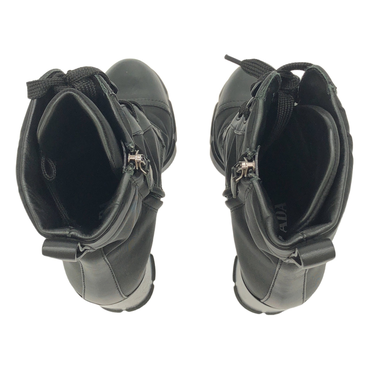 PRADA / 프라다 | Leather and Nylon Ankle Boots / 플레이트 나일론 전환 가죽 힐 부츠 | 36 | 블랙 | 여성