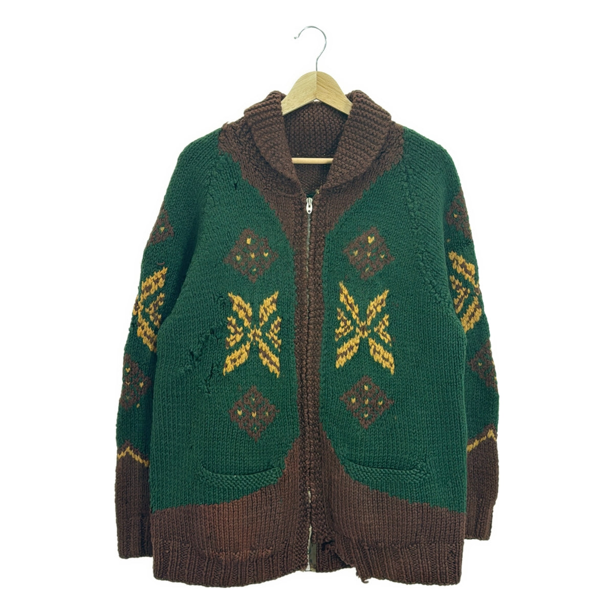 復古 / 復古服裝 | 60 年代 - 70 年代復古 LIGHTNING ZIP Cowichan 針織毛衣 Lightning Zip |綠色 / 棕色 / 米色 |男士