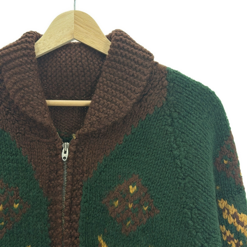 VINTAGE / 빈티지 헌 옷 | 60-70s 빈티지 LIGHTNING ZIP 카우친 니트 스웨터 라이트닝 Zip | 그린 / 브라운 / 베이지 | 남성