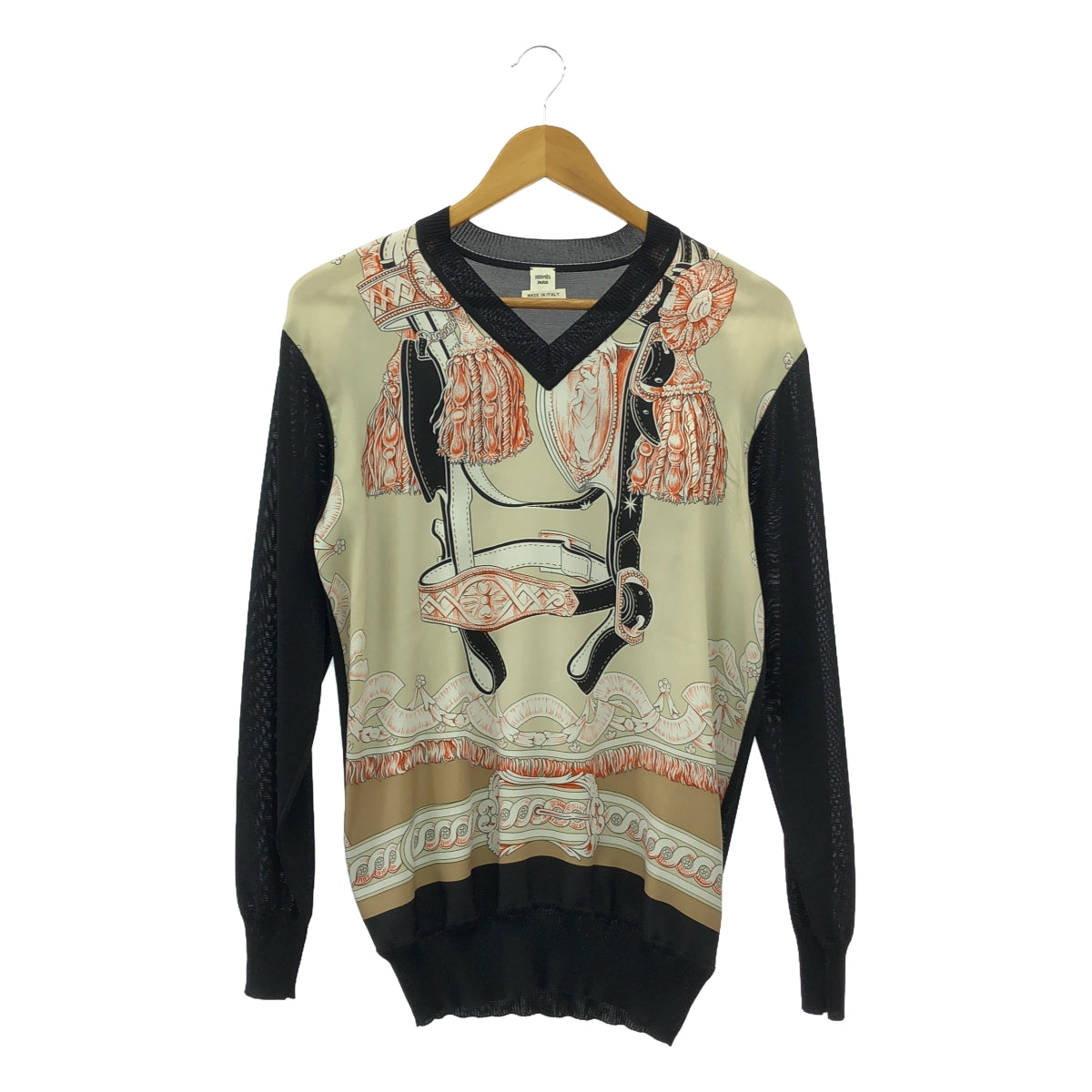 【미품】 HERMES / 헤르메스 | silk 100 % / 실크 트윌 레인 스카프 니트 풀오버 | 34 | 베이지 / 블랙 | 여성