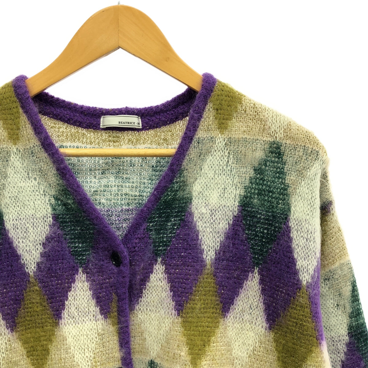 BEATRICE | Wool Mohair V-neck Argyle Cardigan | 38 | Purple | Women's