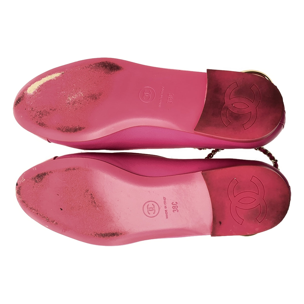 【美品】  CHANEL / シャネル | レザー バイカラー ココマーク 金具ストラップ フラットシューズ | 38 | ピンク | レディース