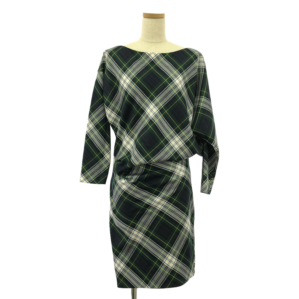 【美品】  MADISON BLUE / マディソンブルー | 2023AW | DRAPED BOAT DRESS TARTAN / アシンメトリー 裾サイドジップ ドレス ワンピース / 総裏地 | 01（S) | CHECKED GREEN | レディース
