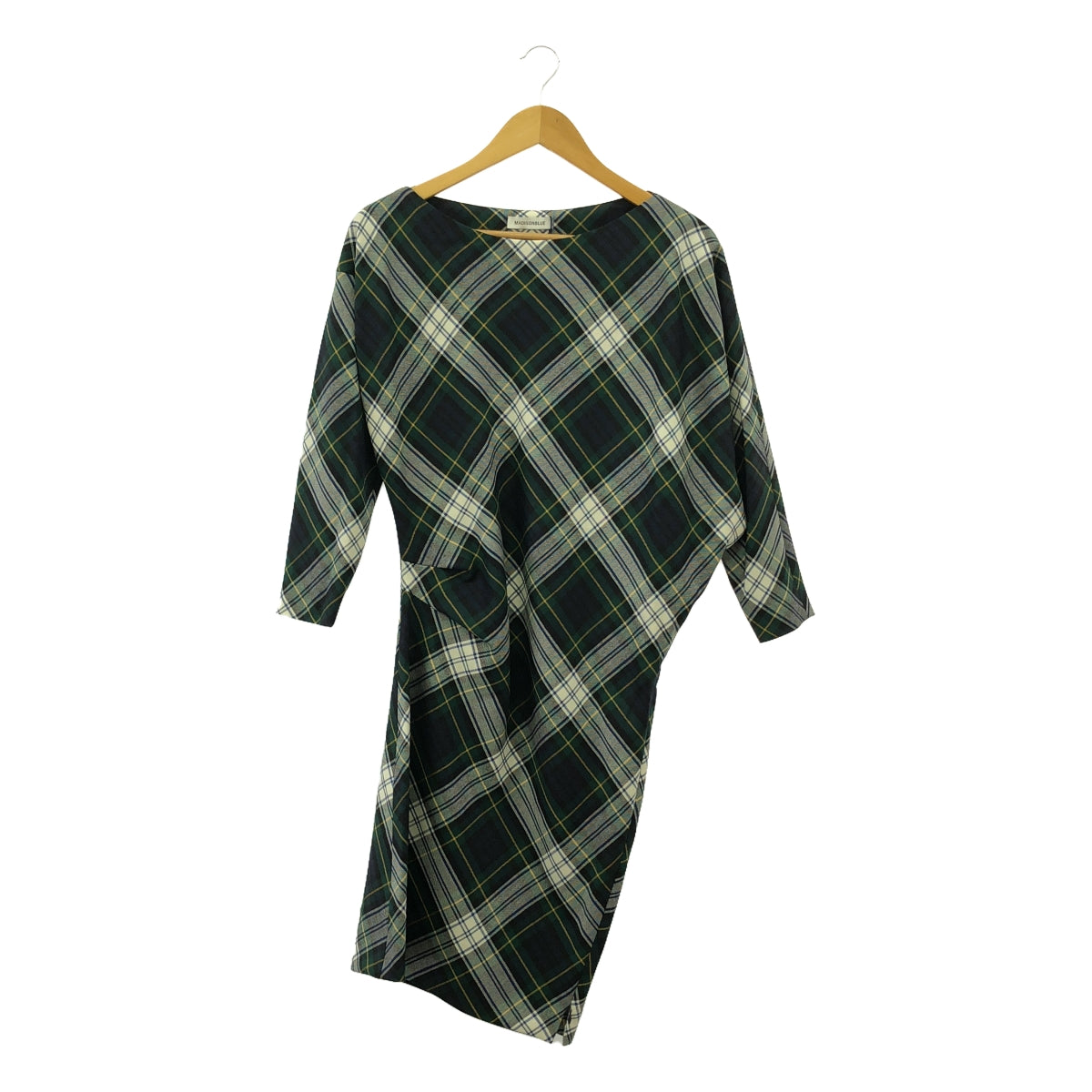 【美品】  MADISON BLUE / マディソンブルー | 2023AW | DRAPED BOAT DRESS TARTAN / アシンメトリー 裾サイドジップ ドレス ワンピース / 総裏地 | 01（S) | CHECKED GREEN | レディース