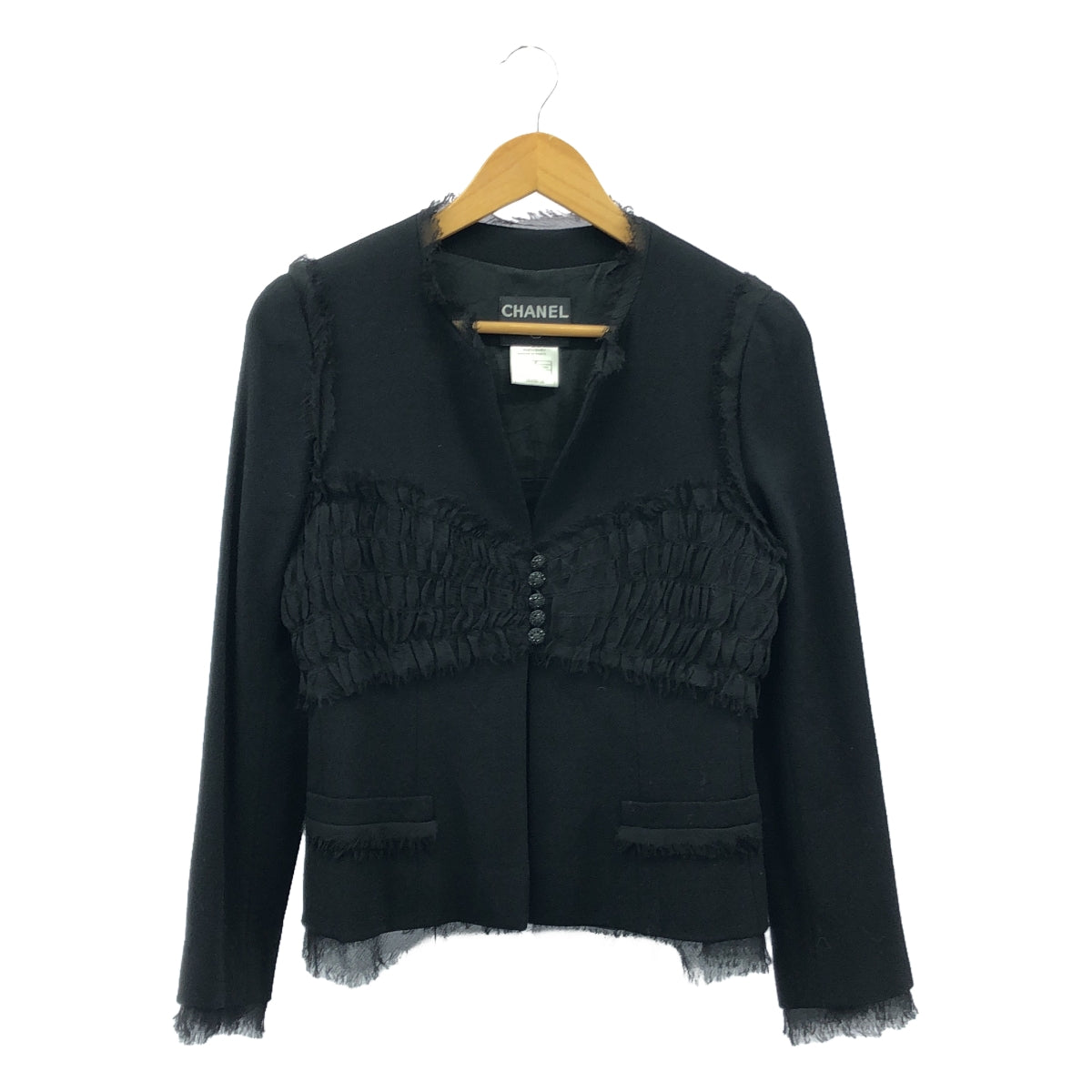 CHANEL | Coco Mark Button Sheer Gathered Collarless Jacket | 38 | Black | Women's