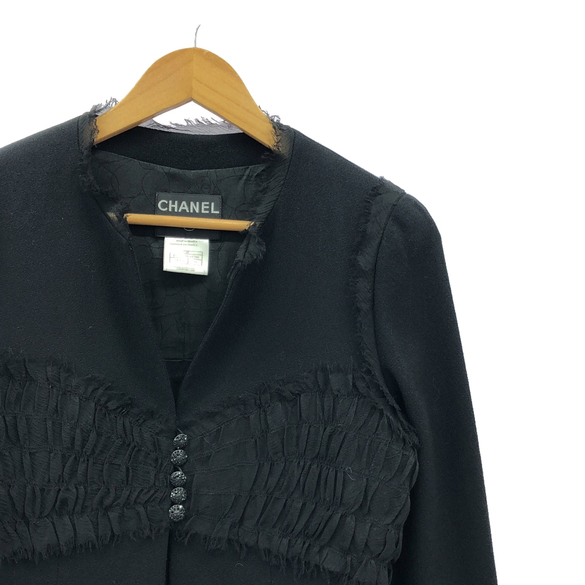 CHANEL | Coco Mark Button Sheer Gathered Collarless Jacket | 38 | Black | Women's