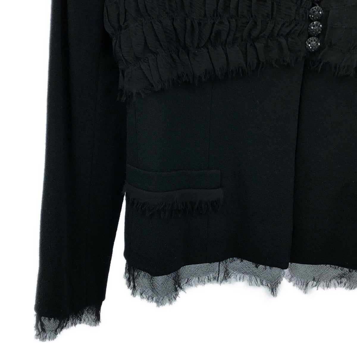 CHANEL | Coco Mark Button Sheer Gathered Collarless Jacket | 38 | Black | Women's