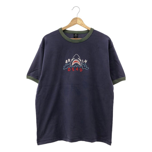 BRAIN DEAD | Shark Attack Ringer T-shirt | Shark crew neck T-shirt cut and sew | L | Navy | Men's