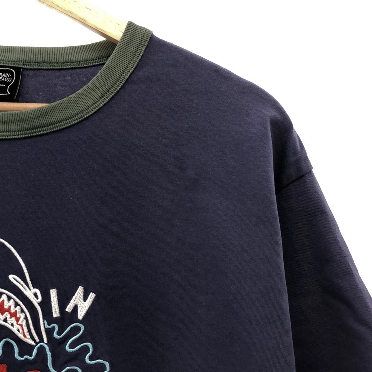 BRAIN DEAD | Shark Attack Ringer T-shirt | Shark crew neck T-shirt cut and sew | L | Navy | Men's