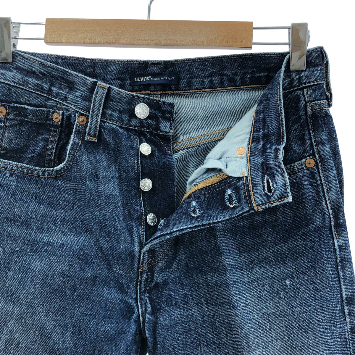 LEVI'S MADE &amp; CRAFTED / 리바이스 메이드&amp;크래프트드 | 501 TAPER / 데미지 가공 가죽 패치 세르빗치 데님 팬츠 | 28 | 맨즈