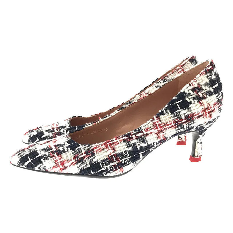 【美品】  STACCATO / スタッカート | STACCATO / スタッカート ツイード チェック ポインテッドトゥ ヒール パンプス 箱付き | 23 | ホワイト / ネイビー / レッド | レディース