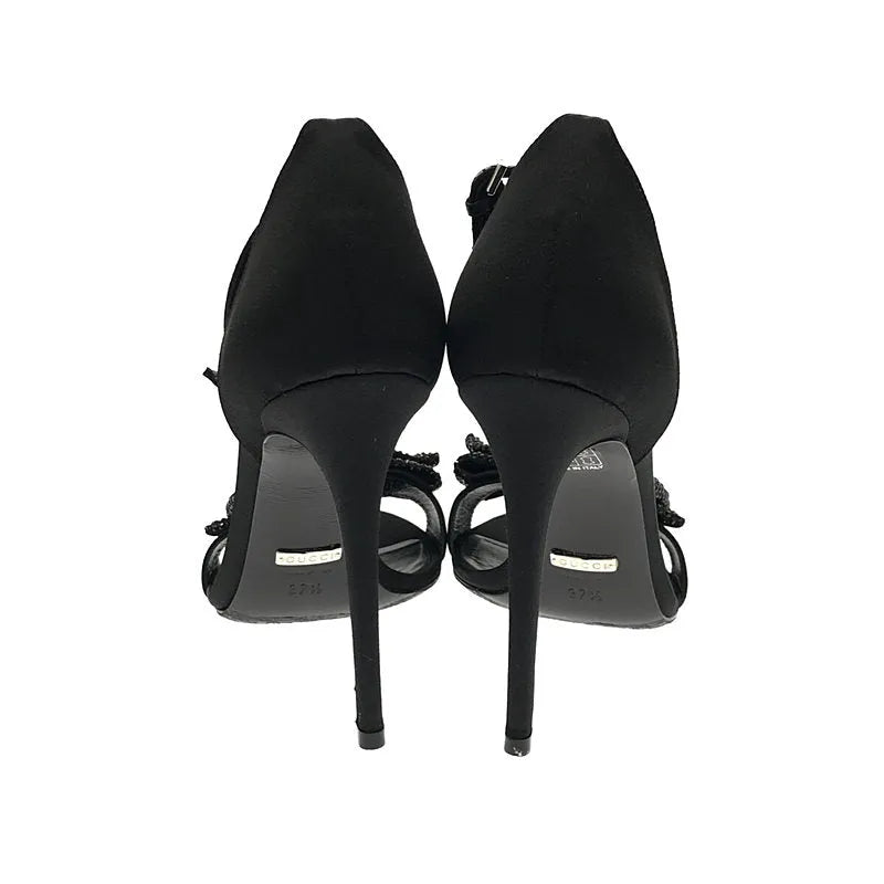 【美品】  GUCCI / グッチ | リボン ラインストーン アンクルストラップ ヒールサンダル | 37 1/2 | ブラック | レディース