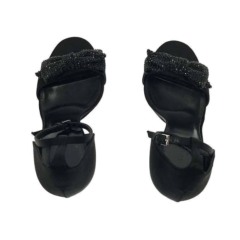 【美品】  GUCCI / グッチ | リボン ラインストーン アンクルストラップ ヒールサンダル | 37 1/2 | ブラック | レディース