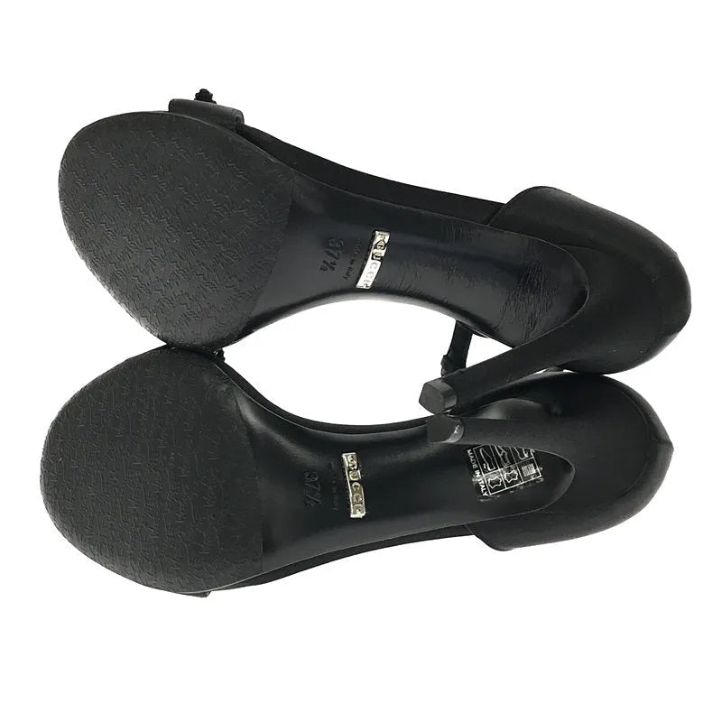 【美品】  GUCCI / グッチ | リボン ラインストーン アンクルストラップ ヒールサンダル | 37 1/2 | ブラック | レディース