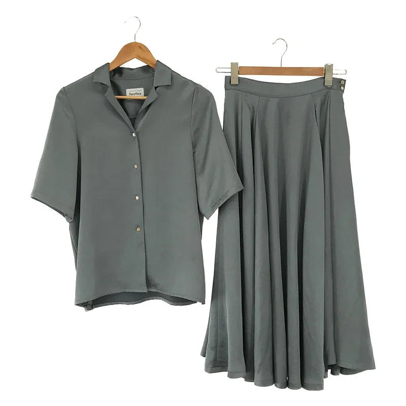 【美品】  foufou / フーフー | open collar satin blouse / satin flair skirt ブラウス スカートセットアップ | - / 1 | ブルーグレー | レディース