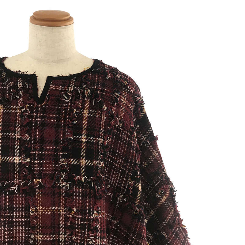 Iroquois / イロコイ | TARTAN CHECK PATCWORK タータンチェック パッチワーク フリンジ ビッグシルエット ウール  ポンチョ プルオーバー | F |