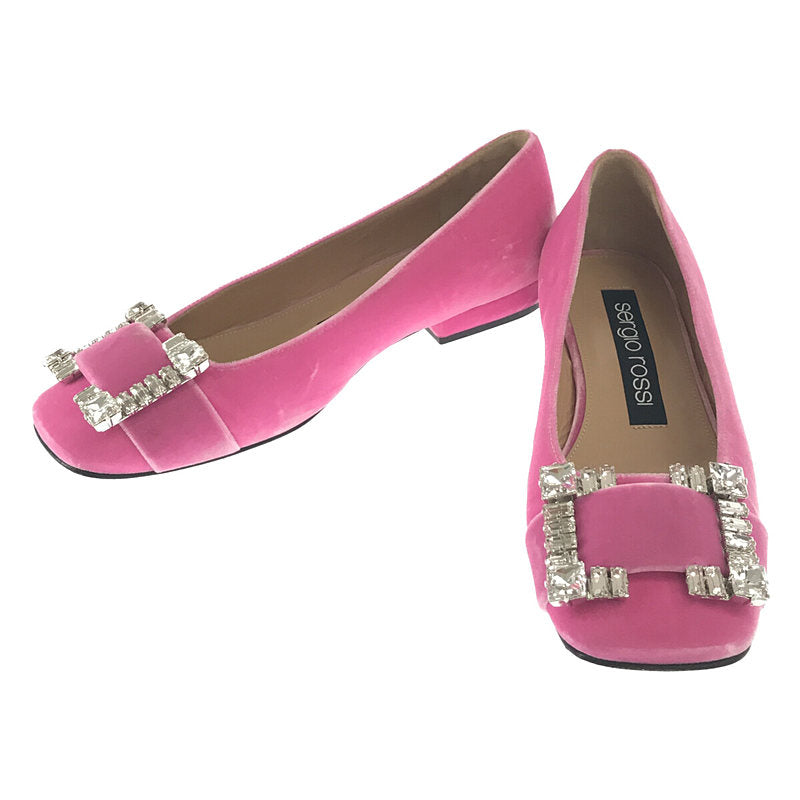 [Beautiful condition] sergio rossi | Made in Italy, crystal embellished square toe velvet flat shoes pumps, box and storage bag included, velour | 37 | Pink | Women's