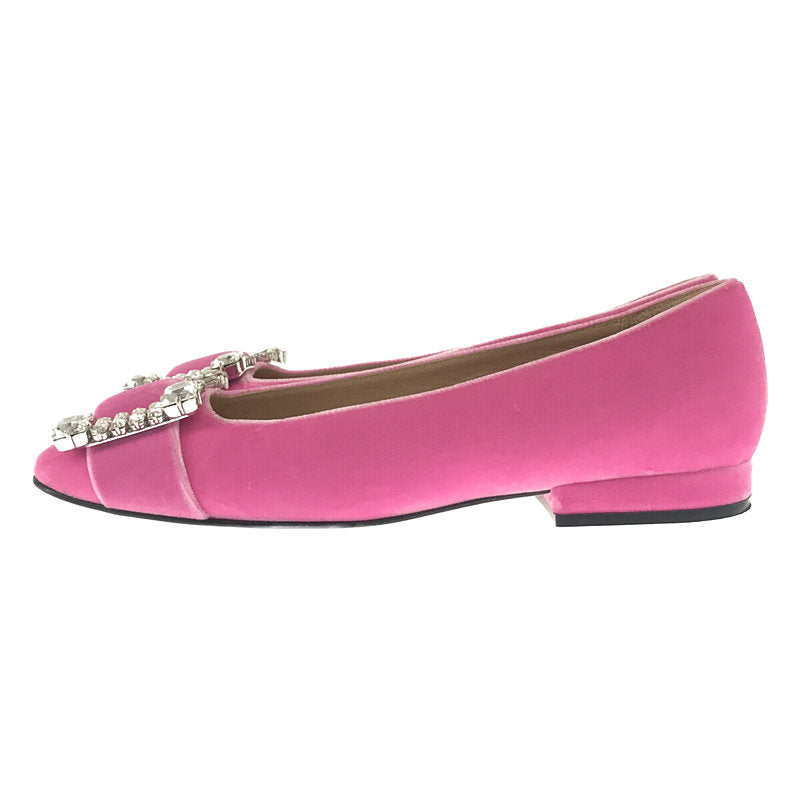 [Beautiful condition] sergio rossi | Made in Italy, crystal embellished square toe velvet flat shoes pumps, box and storage bag included, velour | 37 | Pink | Women's