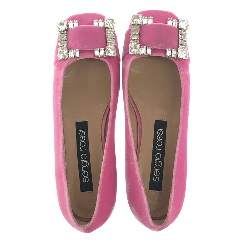 [Beautiful condition] sergio rossi | Made in Italy, crystal embellished square toe velvet flat shoes pumps, box and storage bag included, velour | 37 | Pink | Women's