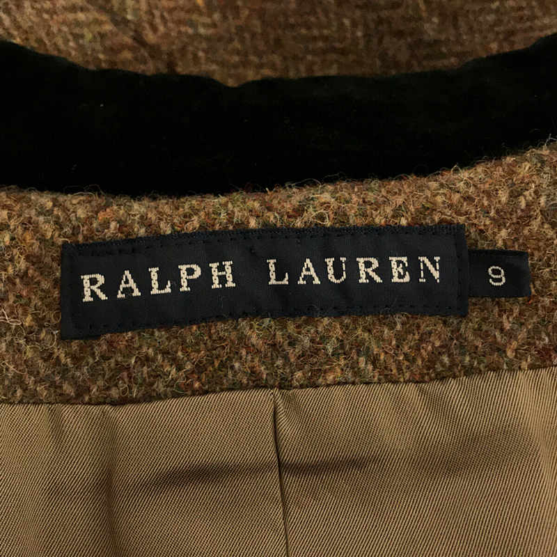 RALPH LAUREN / ラルフローレン | ウール ヘリンボーン ベルベット 切替 ダブル ロング コート | 9 |