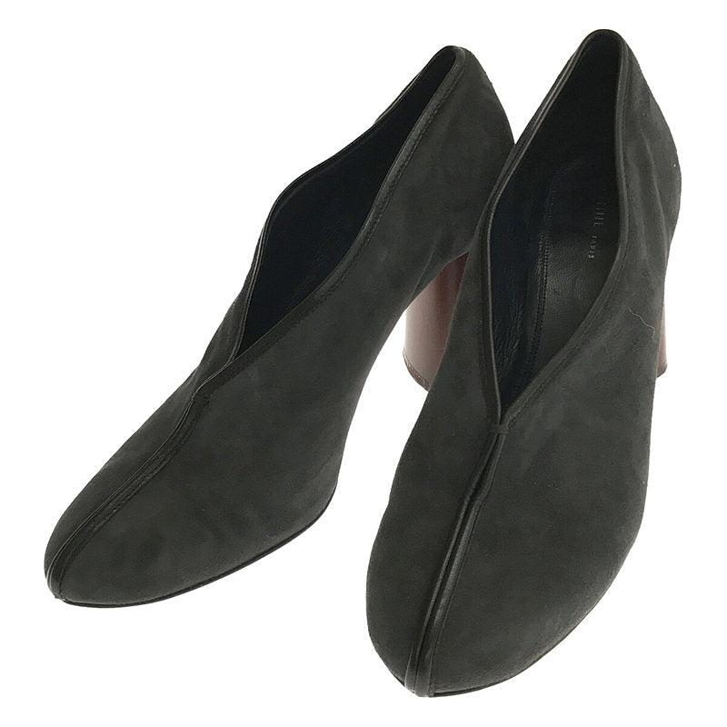 [Beautiful Condition] CELINE | Suede Leather V-Cut Piping Round Toe Wood Heel Pumps | 37 | Grey | Women's