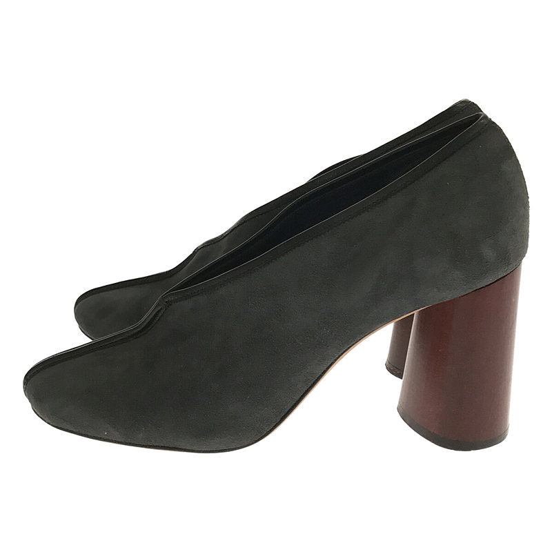 [Beautiful Condition] CELINE | Suede Leather V-Cut Piping Round Toe Wood Heel Pumps | 37 | Grey | Women's