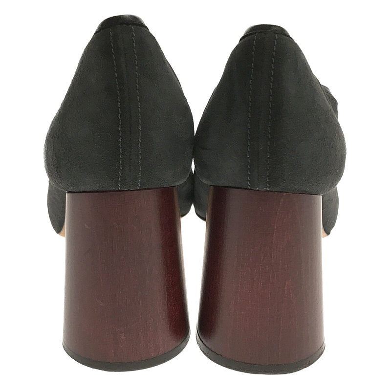 [Beautiful Condition] CELINE | Suede Leather V-Cut Piping Round Toe Wood Heel Pumps | 37 | Grey | Women's