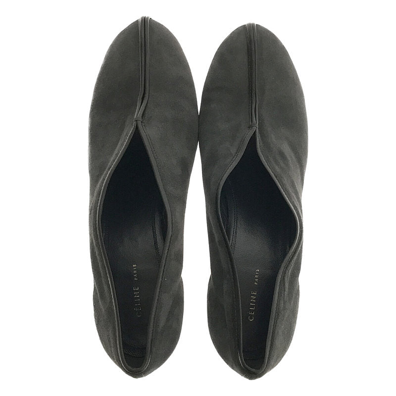 [Beautiful Condition] CELINE | Suede Leather V-Cut Piping Round Toe Wood Heel Pumps | 37 | Grey | Women's