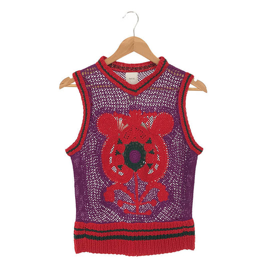 【新品】  PATOU / パトゥ | 2021AW | Handmade Crochet Sleeveles フラワー モチーフ ハンドメイド ニット クロシェ ベスト | S | パープル / レッド | レディース