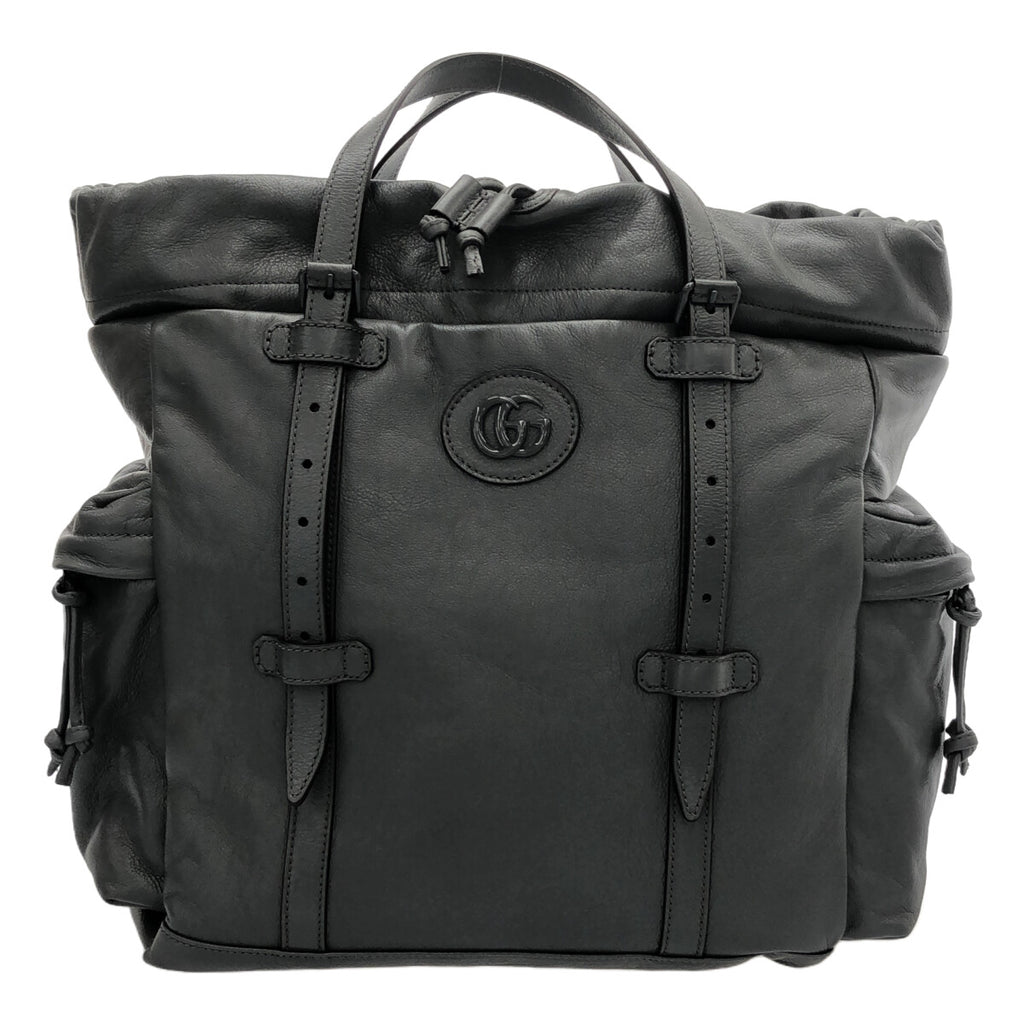 【新品】  GUCCI / グッチ | 725664 / ドローストリング レザー トートバッグ / 裏地GG 総ロゴ | グレー | レディース
