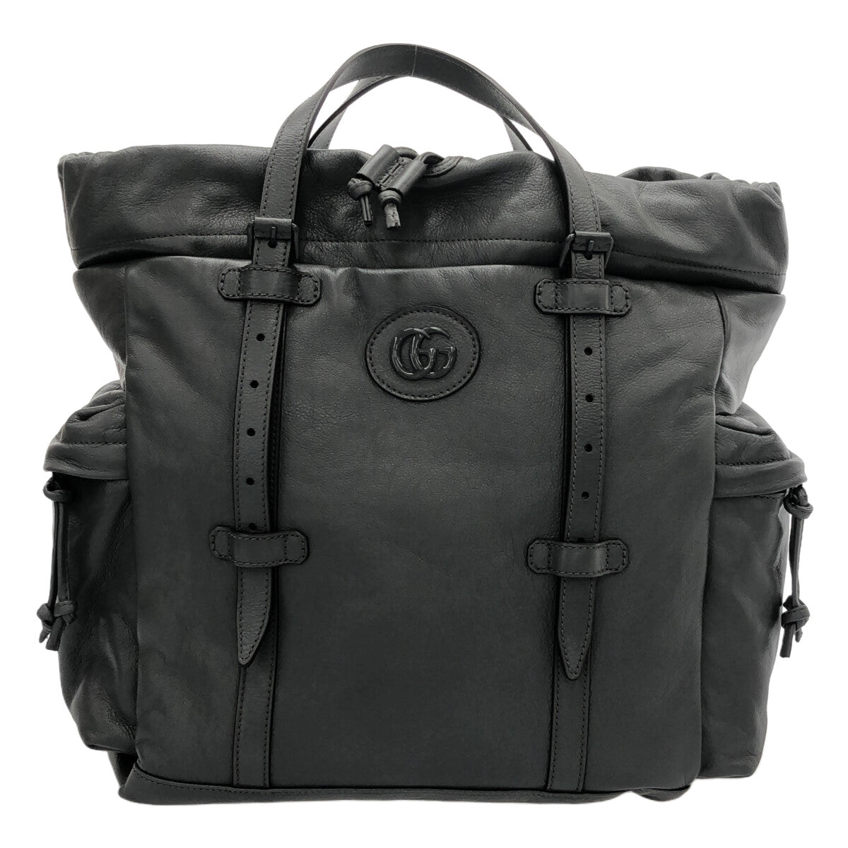 【新品】  GUCCI / グッチ | 725664 / ドローストリング レザー トートバッグ / 裏地GG 総ロゴ | グレー | レディース