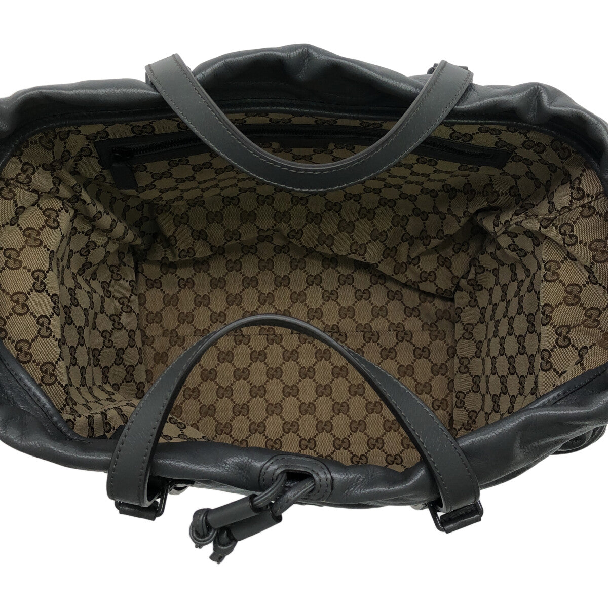 【新品】  GUCCI / グッチ | 725664 / ドローストリング レザー トートバッグ / 裏地GG 総ロゴ | グレー | レディース