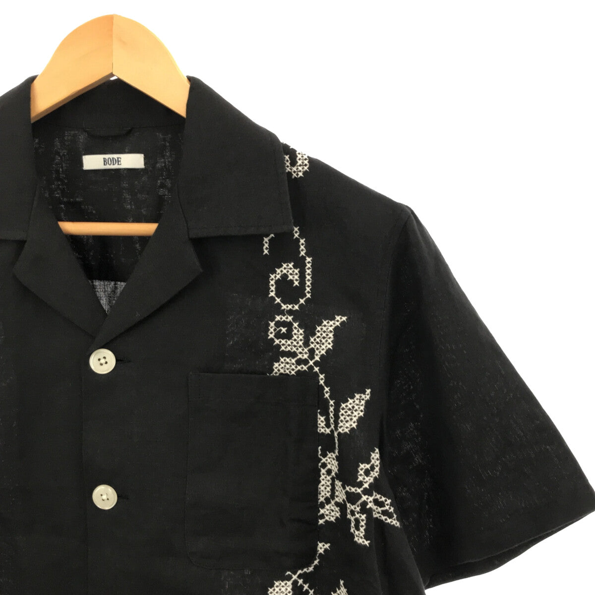 【美品】  BODE / ボーディ | リネン 刺繍 ワイドシルエット オープンカラーシャツ | XS/S | black | レディース