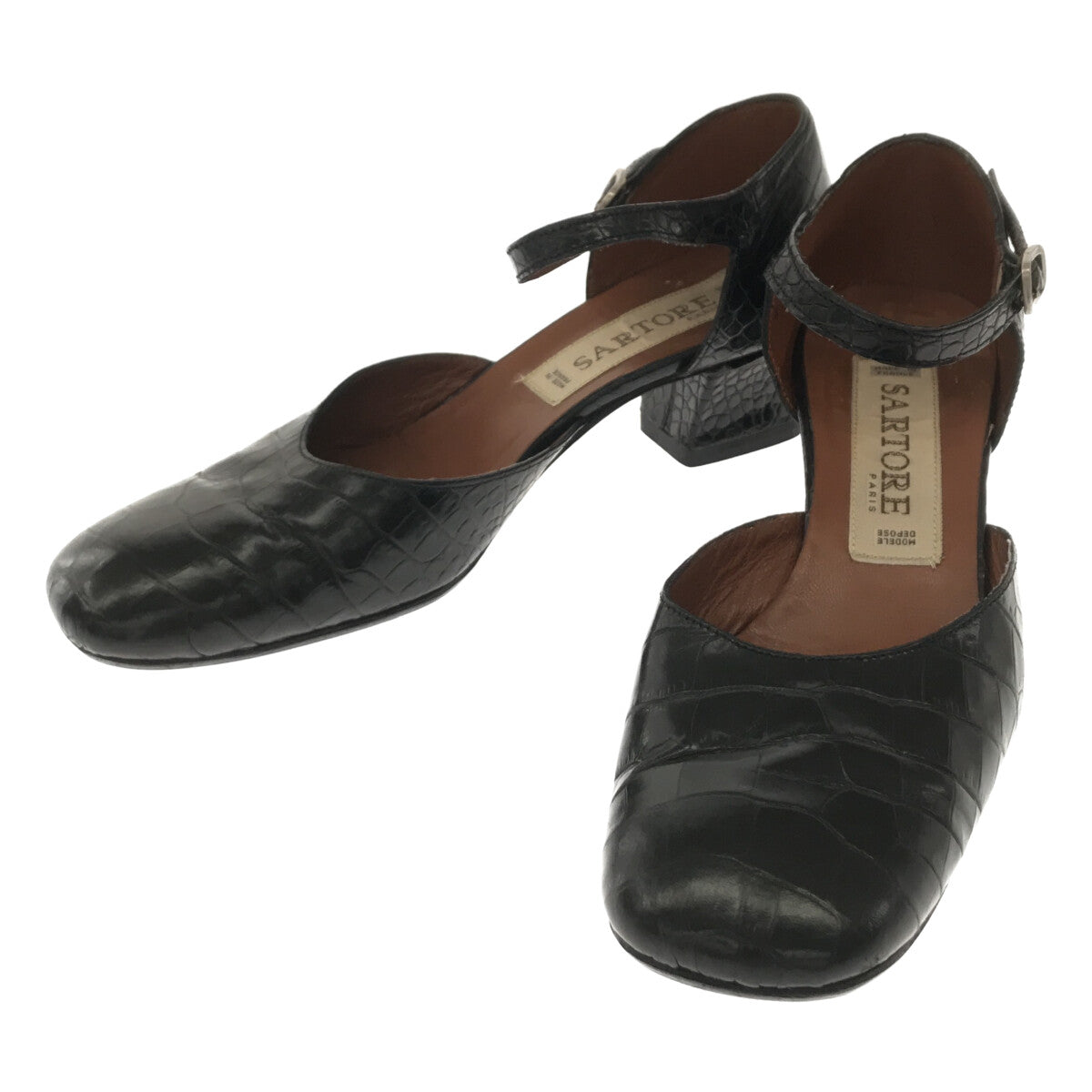 SARTORE / 사르토르 | 악어 밀어 청키 힐 스트랩 가죽 플랫 펌프 | 3 1/2 | 블랙 | 여성