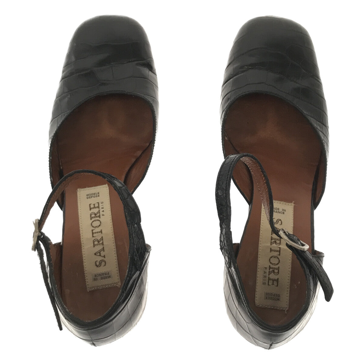 SARTORE / 사르토르 | 악어 밀어 청키 힐 스트랩 가죽 플랫 펌프 | 3 1/2 | 블랙 | 여성