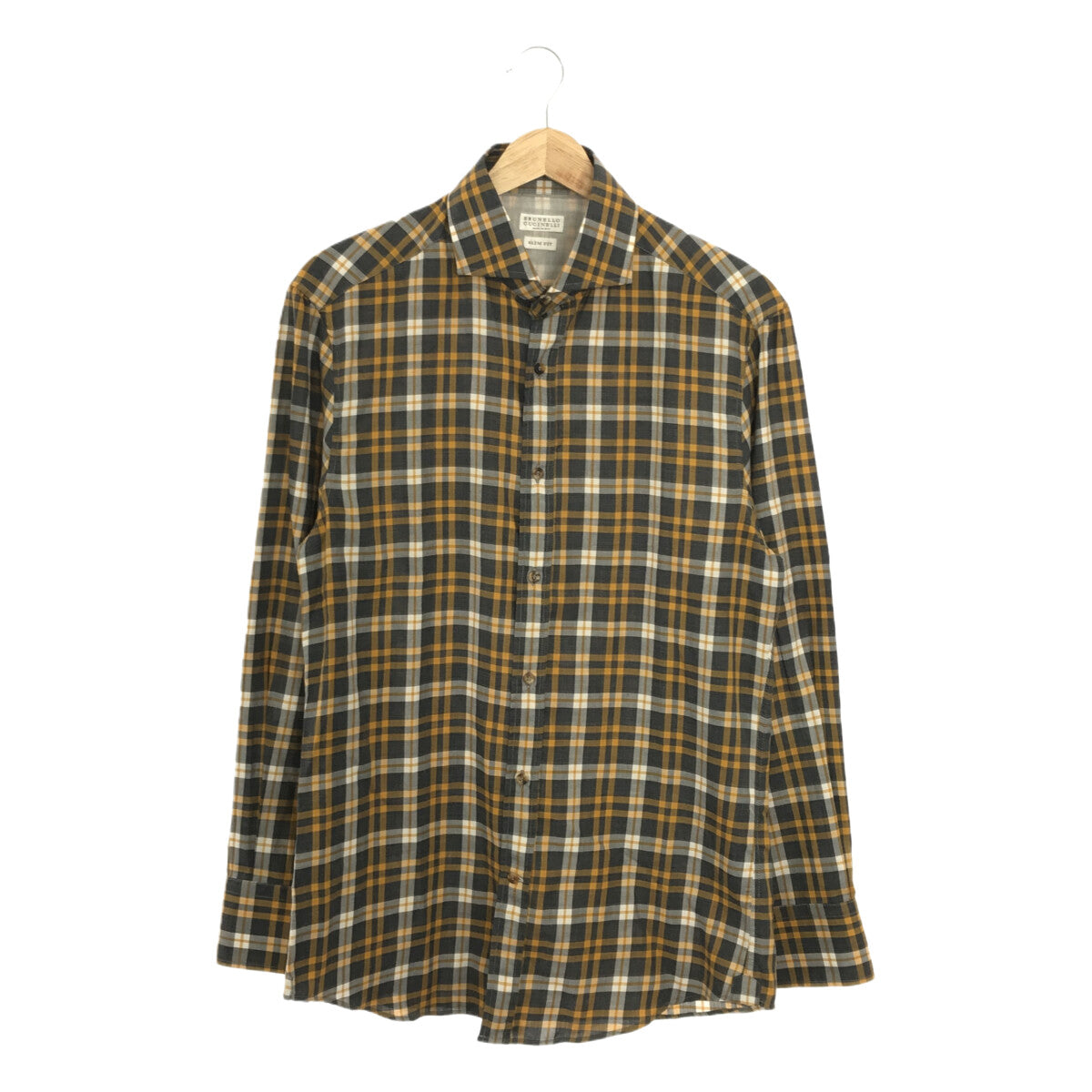 [狀況良好] BRUNELLO CUCINELLI |棉質格紋寬領襯衫 | S |黃色/灰色 |男士