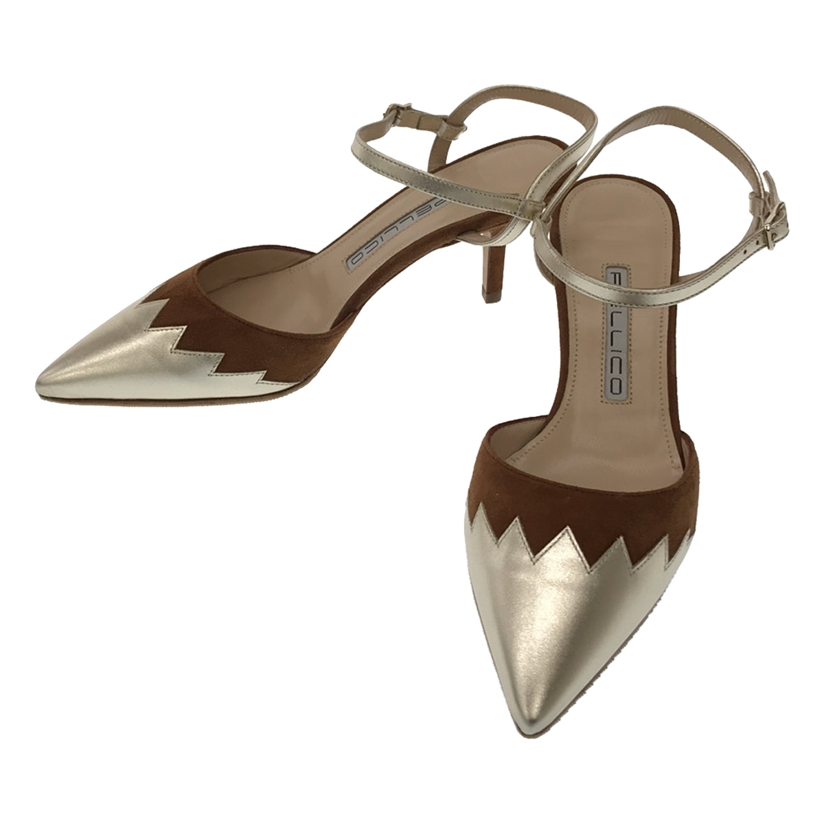 【미품】 PELLICO / 페리코 | 포인티드 투 발목 스트랩 힐 펌프스 | 34 | 골드/브라운 | 여성