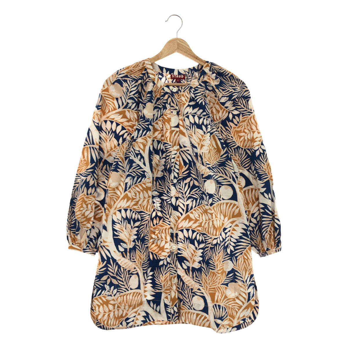 【美品】  STAUD / スタウド | ボタニカル柄 ボリュームスリーブ チュニック ブラウス | XS | ブルー / ブラウン | レディース