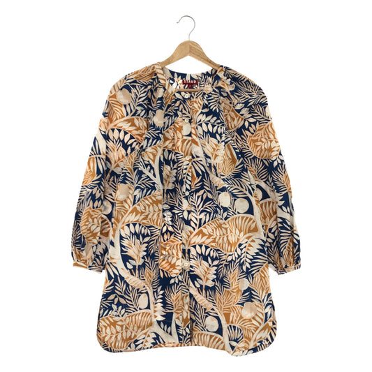 【美品】  STAUD / スタウド | ボタニカル柄 ボリュームスリーブ チュニック ブラウス | XS | ブルー / ブラウン | レディース