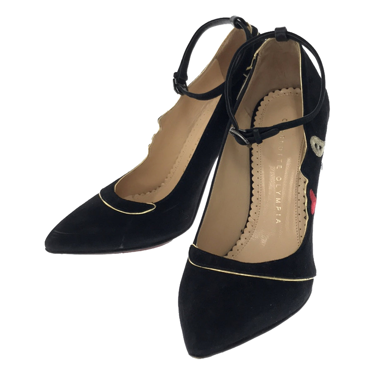 Charlotte Olympia / シャーロットオリンピア | スエード 刺しゅう パイピング アンクルストラップ ヒールパンプス | 35 | ブラック | レディース