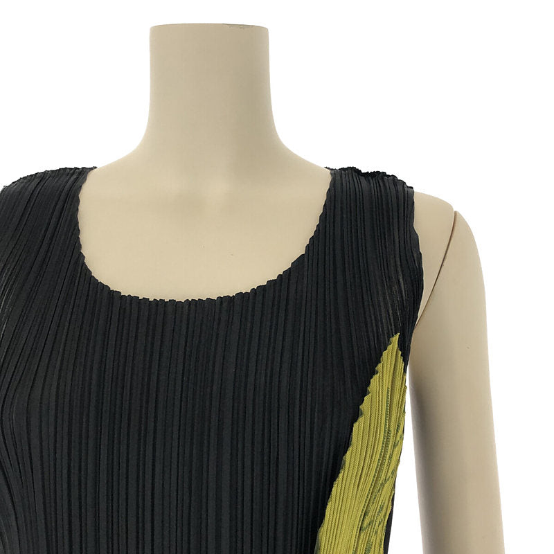 【美品】  PLEATS PLEASE ISSEY MIYAKE / プリーツプリーズイッセイミヤケ | リーフパッチ ステッチワーク レース切替 バイカラー ノースリーブ トップス タンクトップ | 3 | ブラック | レディース
