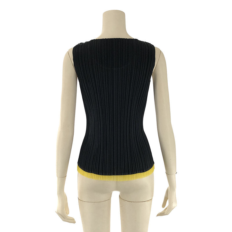 【美品】  PLEATS PLEASE ISSEY MIYAKE / プリーツプリーズイッセイミヤケ | リーフパッチ ステッチワーク レース切替 バイカラー ノースリーブ トップス タンクトップ | 3 | ブラック | レディース